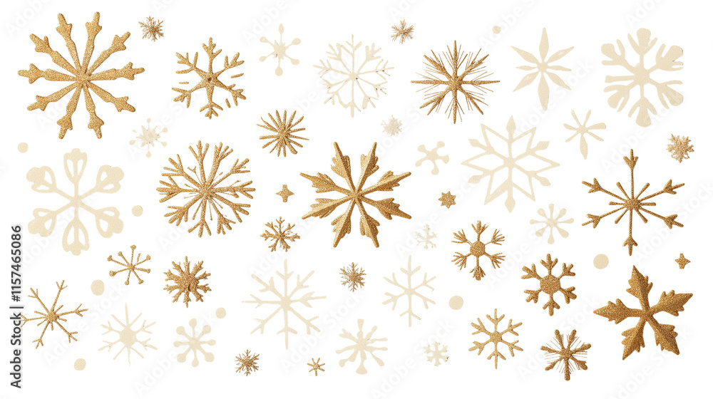 Golden snowflake confetti scattered in a minimal and elegant style, with intricate golden snowflakes of various sizes spread beautifully across a clean white background. Golden snowflake confetti scattered in a minimal and elegant style, with intricate golden snowflakes of various sizes spread beautifully across a clean white background.
