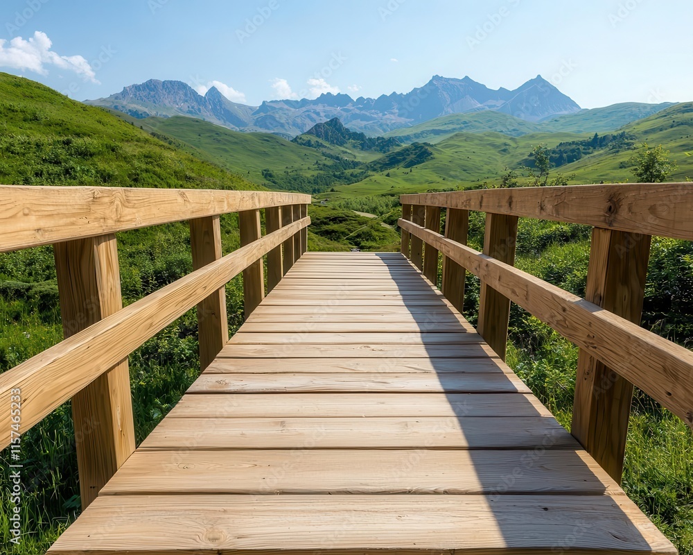 Fototapeta premium High wooden bridge crossing a deep ravine in a mountainous rural landscape with distant peaks