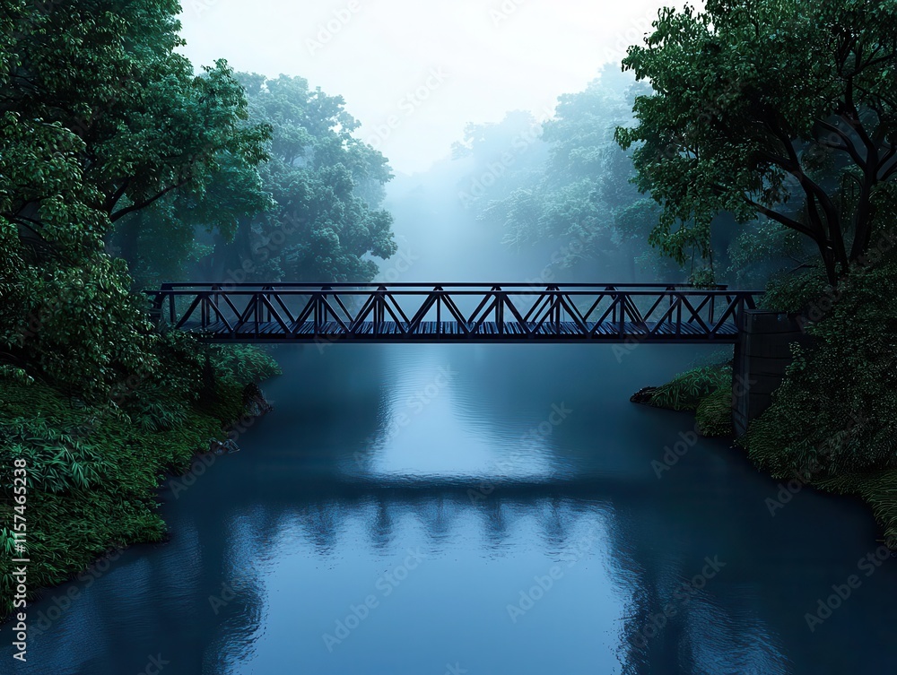 Fototapeta premium Rustic iron bridge crossing a misty river in a forested rural setting, with dense trees and wildlife