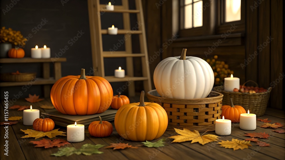 Rustic Autumn Pumpkin Display with Warm Lighting Rustic Autumn Pumpkin Display with Warm Lighting