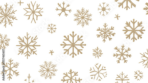 Golden snowflake confetti scattered in a minimal and elegant style, with intricate golden snowflakes of various sizes spread beautifully across a clean white background.