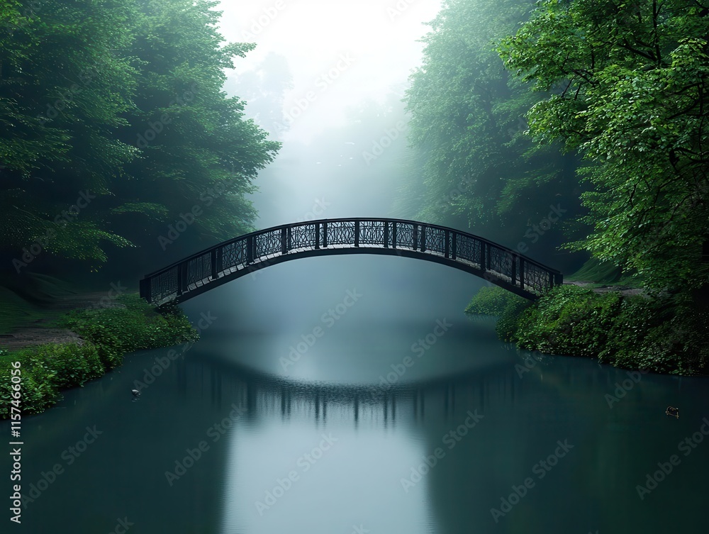 Fototapeta premium Rustic iron bridge crossing a misty river in a forested rural setting, with dense trees and wildlife