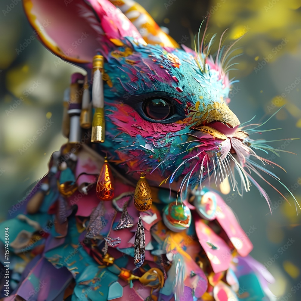 Obraz premium Colorful and artistic bunny character adorned with vibrant decorations and unique textures, whimsical background 