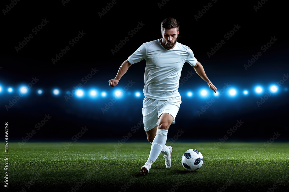 Soccer player in action kicking a ball during a night match on a well-lit field Soccer player in action kicking a ball during a night match on a well-lit field