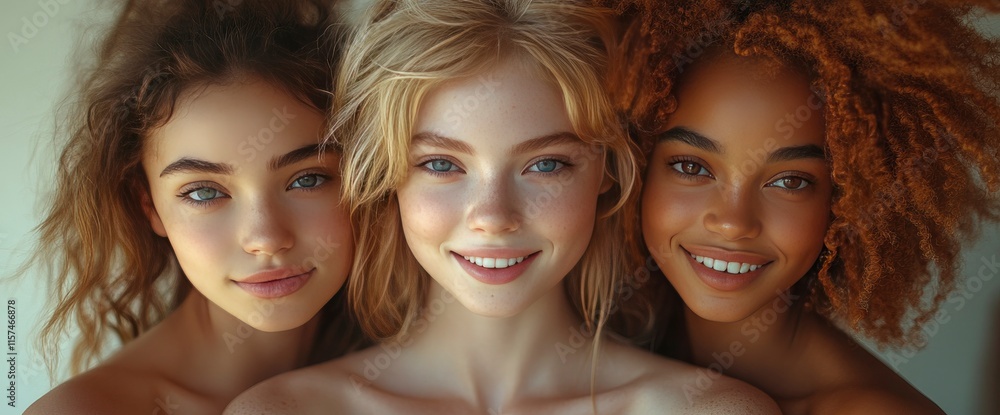 Fototapeta premium Diverse Group of Beautiful Young Women Embracing - Friendship, Unity, and Beauty