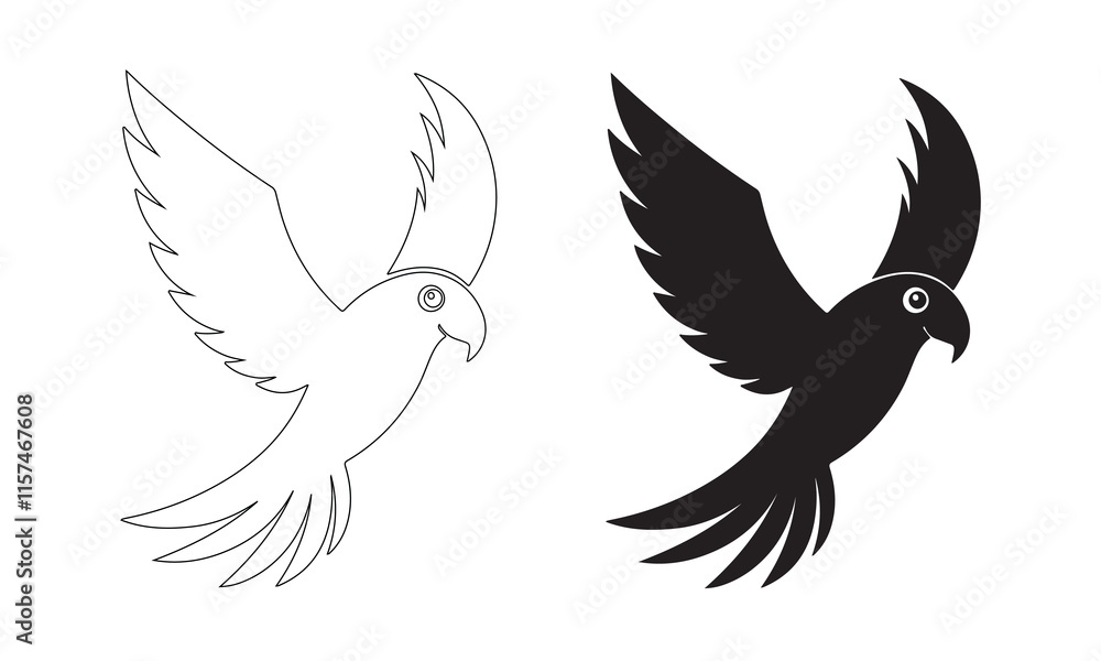 Parrot Black And White Vector With Line Art. Parrot Black And White Vector With Line Art.