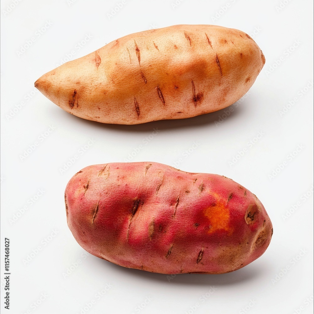 Fresh Sweet Potatoes and Taro Root on White Background Fresh Sweet Potatoes and Taro Root on White Background
