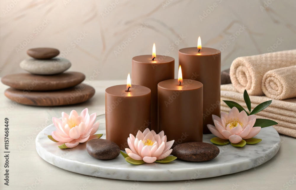 Lit brown candles with lotus flowers for spa decor. Mocha mousse color spa candles. Trend color 2025. Lit brown candles with lotus flowers for spa decor. Mocha mousse color spa candles. Trend color 2025.