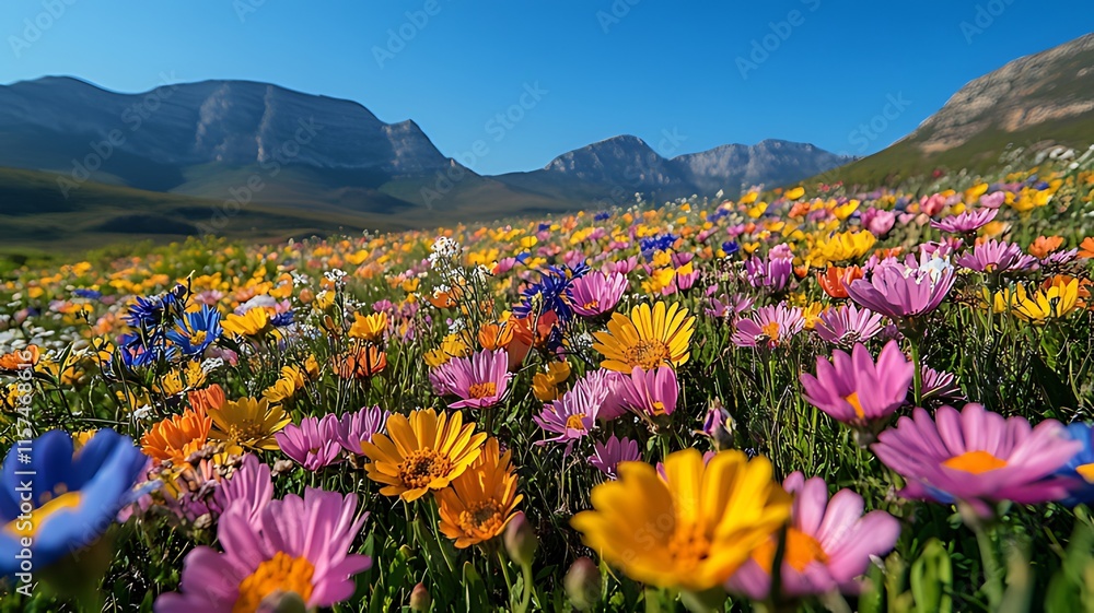 Obraz premium Vibrant wildflowers bloom in a field against a majestic mountain backdrop under a clear blue sky.