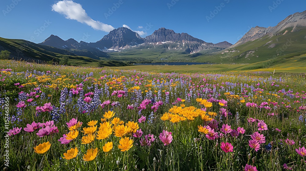Vibrant wildflowers bloom in a mountain meadow, with a serene lake and majestic peaks in the background under a clear blue sky. Vibrant wildflowers bloom in a mountain meadow, with a serene lake and majestic peaks in the background under a clear blue sky.