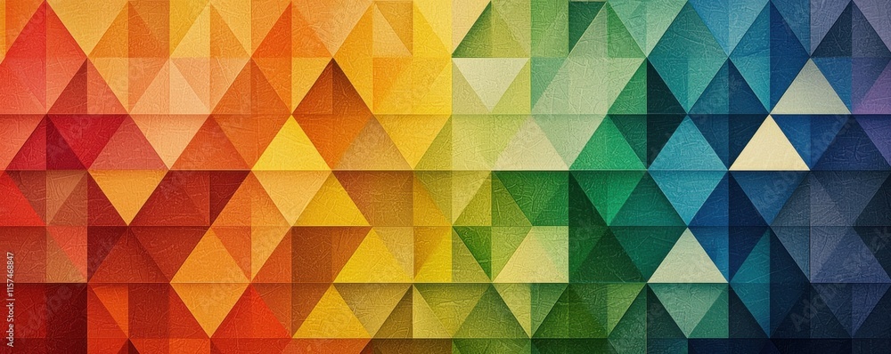 A vibrant, geometric pattern featuring colorful triangles arranged in a gradient from red to blue. A vibrant, geometric pattern featuring colorful triangles arranged in a gradient from red to blue.