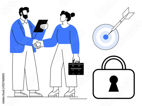 Wallpaper Mural Business partners shaking hands, a target with an arrow hitting the center, and a secure lock symbol. Ideal for business agreements, teamwork, goal setting, achievement, security, trust Torontodigital.ca