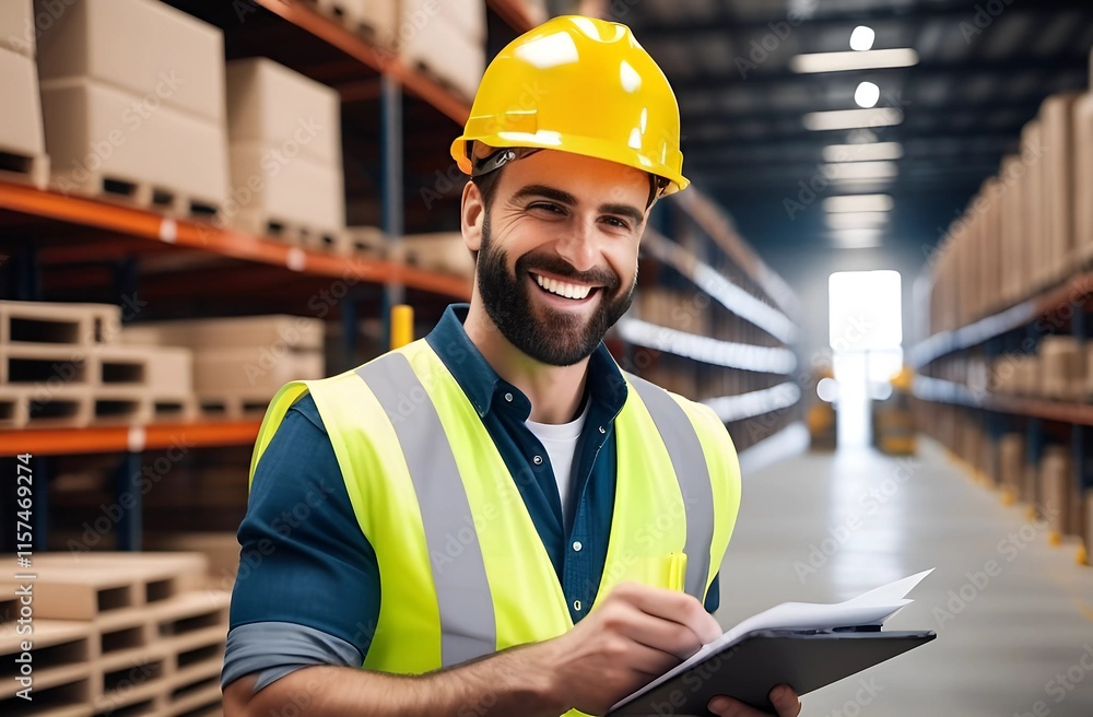 a man in an orange vest stands in a warehouse full of boxes. a man in an orange vest stands in a warehouse full of boxes.
