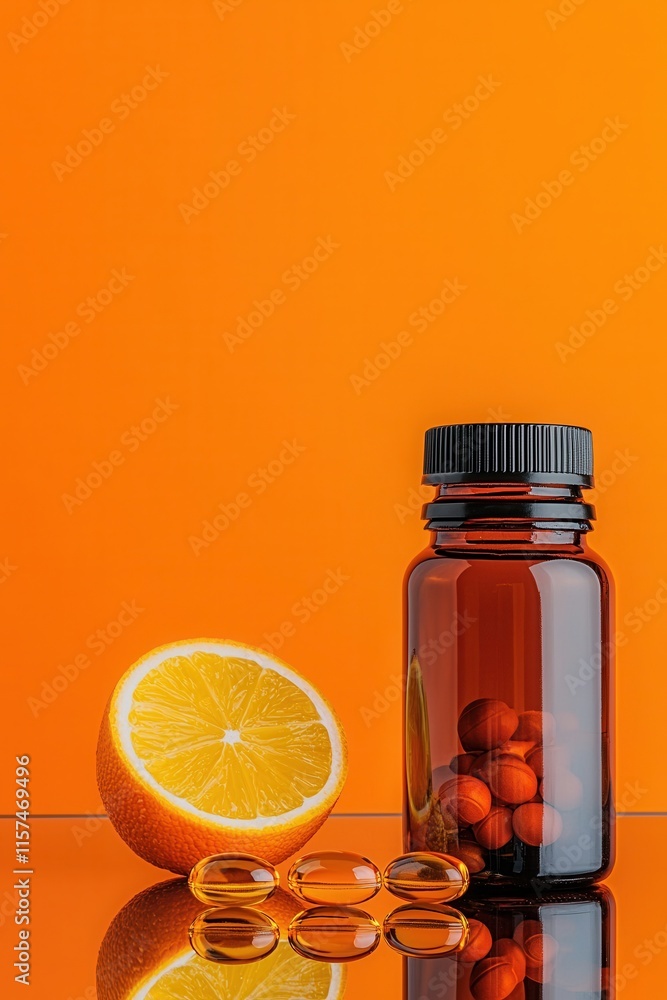 Bottled Liver Oil Capsules and Fresh Orange Slice Bottled Liver Oil Capsules and Fresh Orange Slice