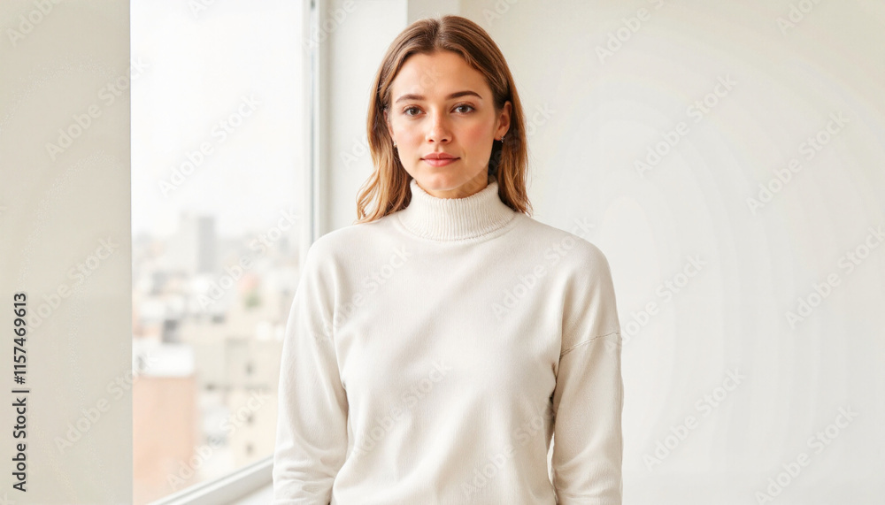 Young woman smiling indoors against a bright window backdrop Young woman smiling indoors against a bright window backdrop