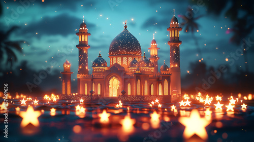 digitally rendered image showcases a beautifully illuminated mosque at night surrounded by glowing starshaped lights The scene evokes a festive atmosphere perhaps related to Ramadan or Eid