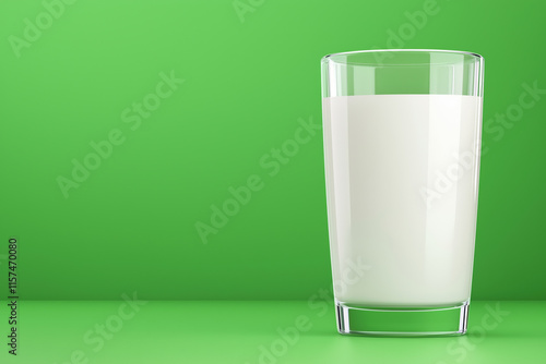 Fresh milk served in a clear glass against a vibrant green background