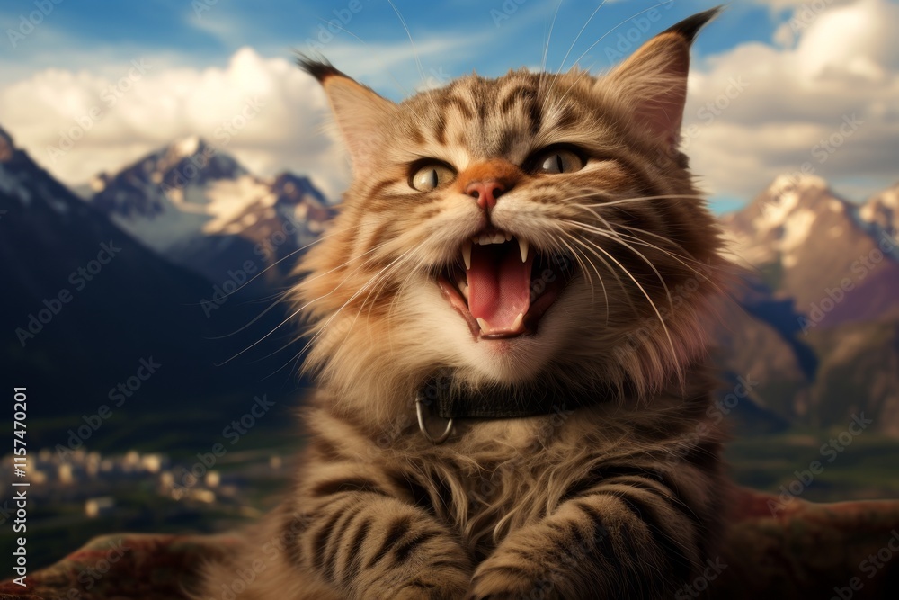 Portrait of a funny cymric cat while standing against backdrop of mountain peaks Portrait of a funny cymric cat while standing against backdrop of mountain peaks