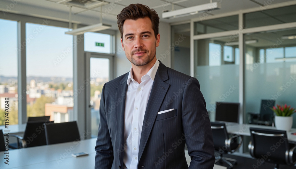 Businessman smiling in office environment Businessman smiling in office environment