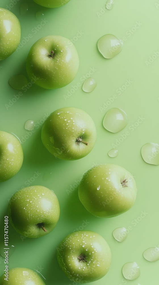 Fresh Green Apples with Water Droplets on Light Green Background Fresh Green Apples with Water Droplets on Light Green Background