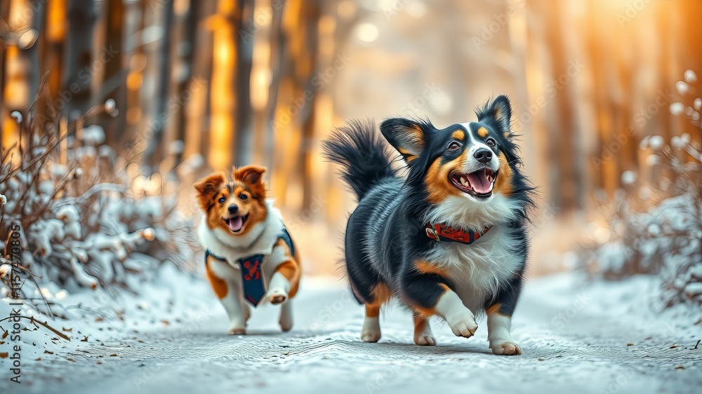 Australian Shepherd & Welsh Corgi Pembroke Winter Forest Play, High-Quality AI Photo Australian Shepherd & Welsh Corgi Pembroke Winter Forest Play, High-Quality AI Photo