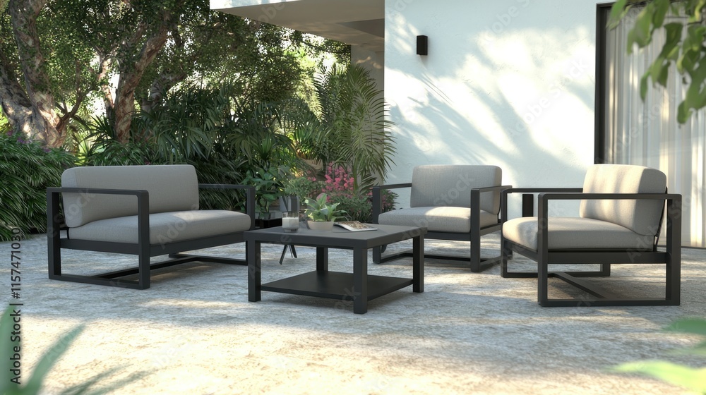 Modern outdoor seating area with comfortable furniture and greenery. Modern outdoor seating area with comfortable furniture and greenery.