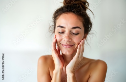 Young woman with smooth skin, pretty smile touches face gently. Healthy look, natural beauty. Closeup view shows happiness, skincare routine. Photo shows example of skincare model with perfect skin. photo