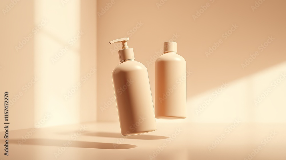 Beige Shampoo Bottles Mockup - 3D Render, Studio Shot, Cosmetic Packaging Design Beige Shampoo Bottles Mockup - 3D Render, Studio Shot, Cosmetic Packaging Design