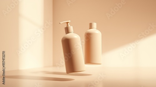 Beige Shampoo Bottles Mockup - 3D Render, Studio Shot, Cosmetic Packaging Design photo