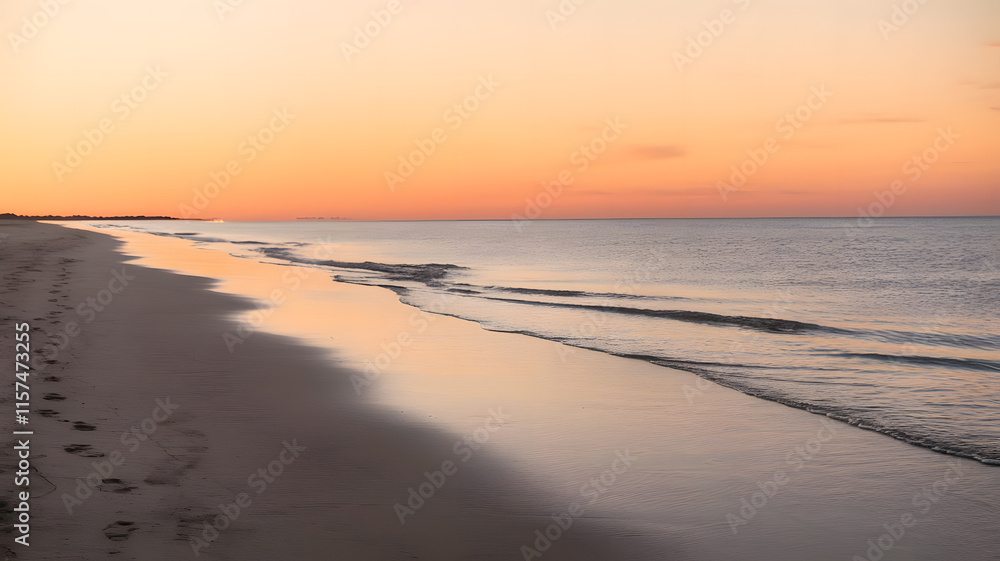 Obraz premium A photo of a serene beach at sunrise. The sky is painted with warm hues of orange and pink.