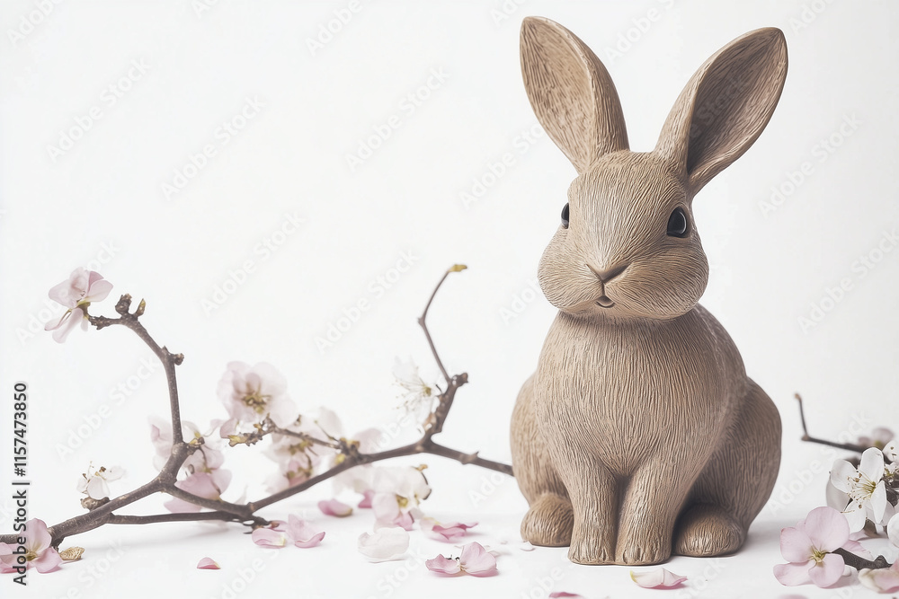 Obraz premium Rustic Bunny Figurine with Spring Blossoms