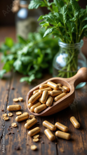 Wallpaper Mural Magnesium supplements displayed on a wooden table with herbs and spices. Torontodigital.ca