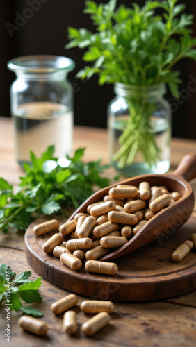 Wallpaper Mural Magnesium supplements in a wooden tray with jars of herbs on a rustic table. Torontodigital.ca