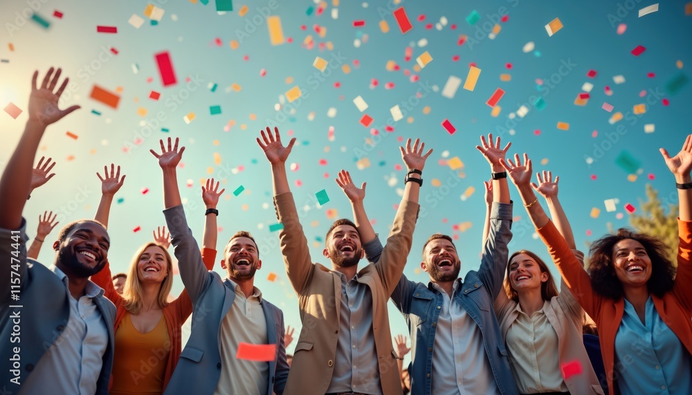 Diverse business team celebrates success outdoors. Happy employees raise hands in air. Confetti falls around. Successful business achievement. Celebration atmosphere. Pro colleagues enjoy success, Diverse business team celebrates success outdoors. Happy employees raise hands in air. Confetti falls around. Successful business achievement. Celebration atmosphere. Pro colleagues enjoy success,