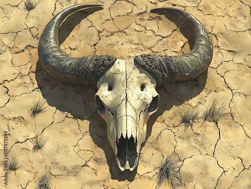 Ram Skull on Parched Desert Landscape with Sunlit Details photo