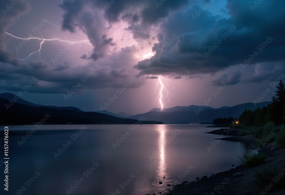 Stormy night landscape. Lightning strikes over dark lake reflecting lights. Mountains silhouette. Dark clouds. Nature scene. Dramatic weather. Calm water. Powerful storm. Nighttime scene. Stormy night landscape. Lightning strikes over dark lake reflecting lights. Mountains silhouette. Dark clouds. Nature scene. Dramatic weather. Calm water. Powerful storm. Nighttime scene.