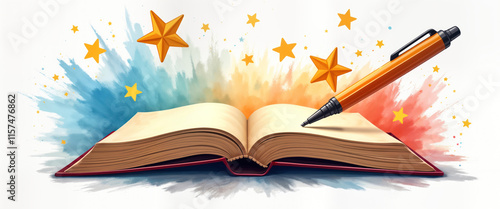 Open book with pen ready to write review. Stars around book suggest positive feedback. Illustration shows book review concept. Pen positioned over open pages of book. Image highlights act of photo