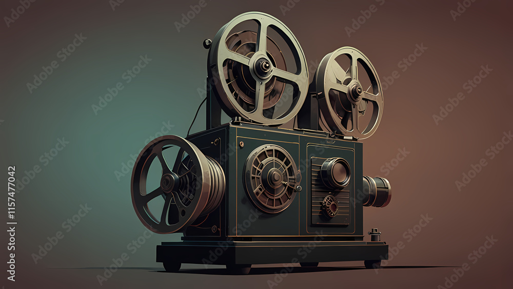 Fototapeta premium A flat illustration of an old-school film projector with a film roll threading through it, creating a continuous loop of frames