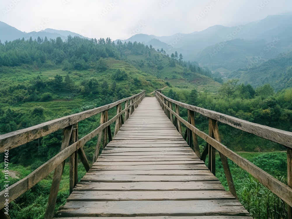 Timber bridge with roughhewn planks, crossing a narrow ravine in a remote mountainous rural region Timber bridge with roughhewn planks, crossing a narrow ravine in a remote mountainous rural region