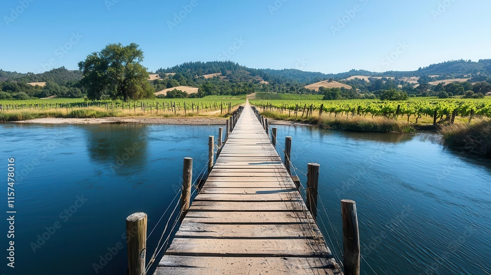 Traditional wooden bridge crossing a slow river, with a backdrop of rural vineyards and hills Traditional wooden bridge crossing a slow river, with a backdrop of rural vineyards and hills