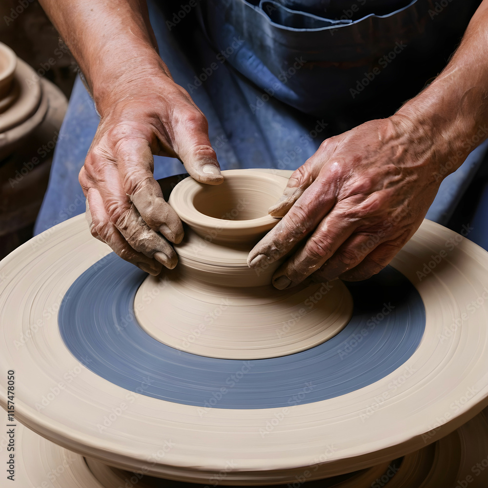 Hands working on pottery wheel Hands working on pottery wheel