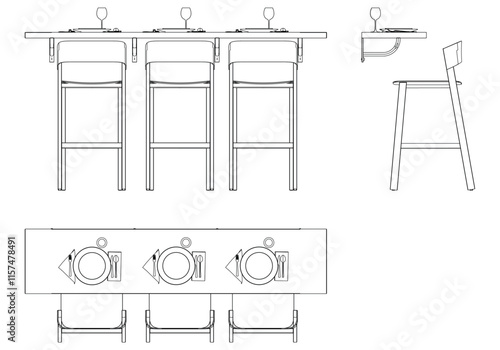 Wallpaper Mural Illustrated Outline of Dining Chairs and Table Set in a Restaurant with white background. Vector Illustration with Front, Side, and Top Views Torontodigital.ca