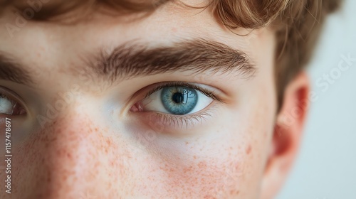 Close-up portrait of a fair-skinned, young man with freckles and blue eyes. 