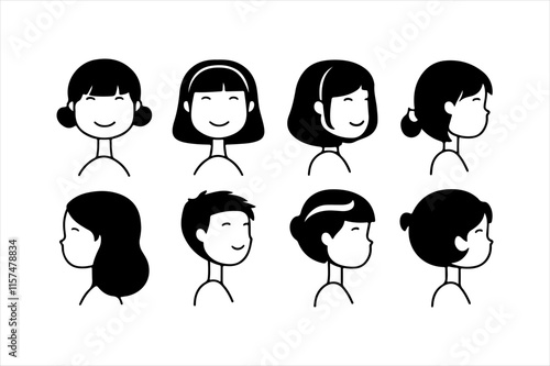 Silhouette of Boys and Girls – Diverse Children Profiles in Side View, Perfect for Creative Projects