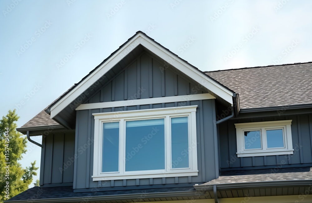 Exterior of house with modern design. Gray house siding with white trim. Big window with white frames. Roof dark gray. Clear blue sky above. Nice house exterior view. American style house. Good Exterior of house with modern design. Gray house siding with white trim. Big window with white frames. Roof dark gray. Clear blue sky above. Nice house exterior view. American style house. Good