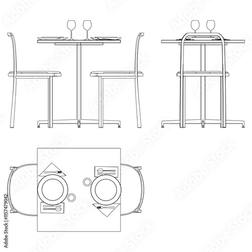 Illustrated Outline of Dining Chairs and Table Set in a Restaurant with white background. Vector Illustration with Front, Side, and Top Views