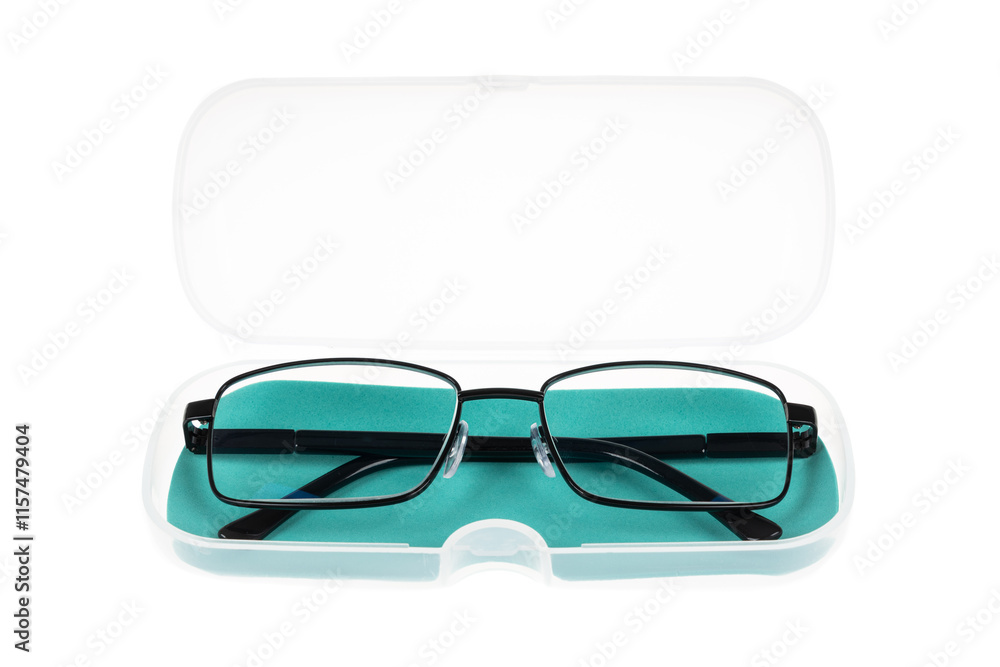 Stylish elegant eyeglasses in case, isolated on white Stylish elegant eyeglasses in case, isolated on white