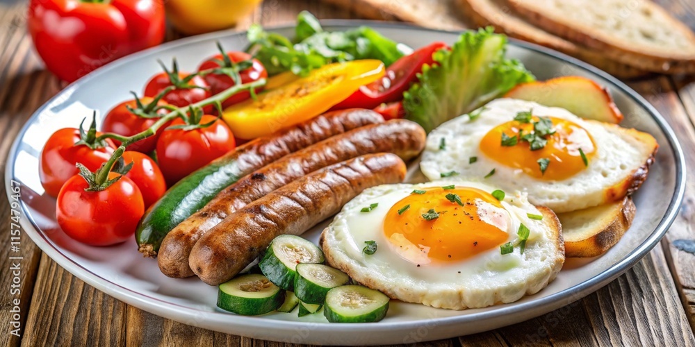 English Breakfast with fried eggs, sausages. English Breakfast with fried eggs, sausages.
