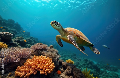Fototapeta Naklejka Na Ścianę i Meble -  Sea turtle swims in tropical ocean. Colorful coral reef ecosystem. Underwater scene shows marine life and adventure. Tropical travel photo opportunity. Ocean background offers eco-tourism theme.