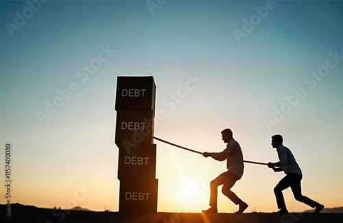 Two men in silhouette push, pull boxes labelled DEBT concept of financial freedom. Work together to remove heavy debt. Scene at sunset sunrise with warm glow. Image suggests overcoming debt, photo